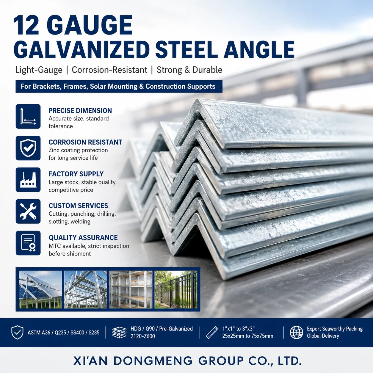 Fournisseur d'angles en acier galvanisé de calibre 12|Fer d'angle galvanisé de calibre 12|ASTM A36 / A123 / A653 G90